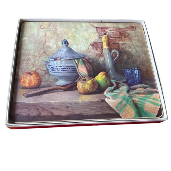 Chailloux Melamine Placemats Fruit Still Life French Cork Back Set of 6 Box Vtg - Picture 3 of 9